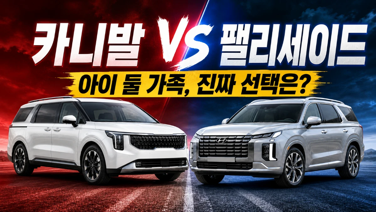 카니발과 팰리세이드가 좌우로 대치된 아이 둘 가족 패밀리카 비교 대표 이미지