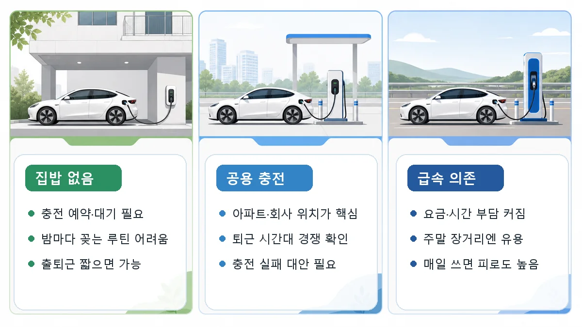 집밥 없음, 공용 충전, 급속 충전 의존 상황을 비교한 이미지