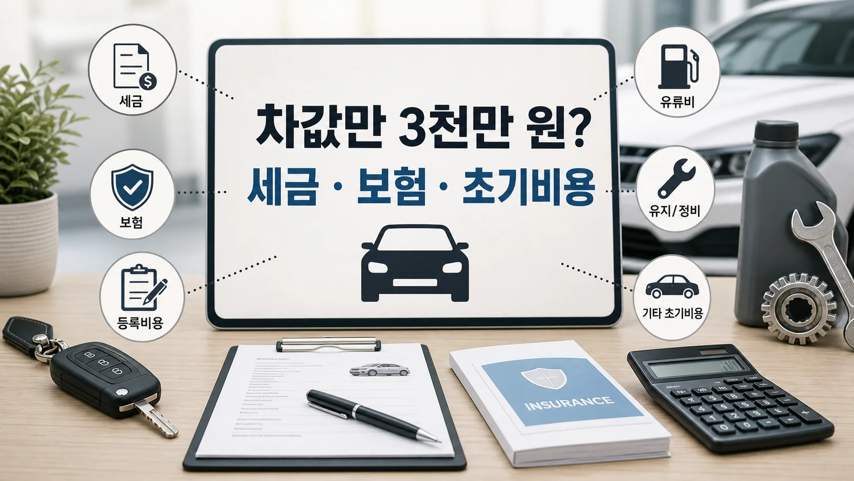 3천만 원 자동차 구매 예산에서 차값 외 취득세 보험료 초기 비용을 나누는 설명 이미지