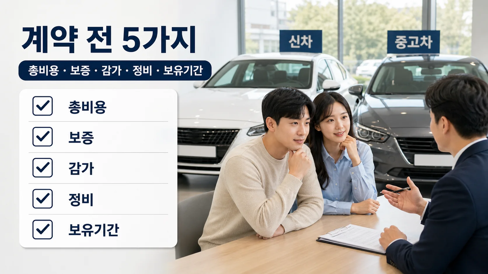 새 차와 중고차 계약 전 총비용 보증 감가 정비 이력을 확인하는 체크리스트 이미지