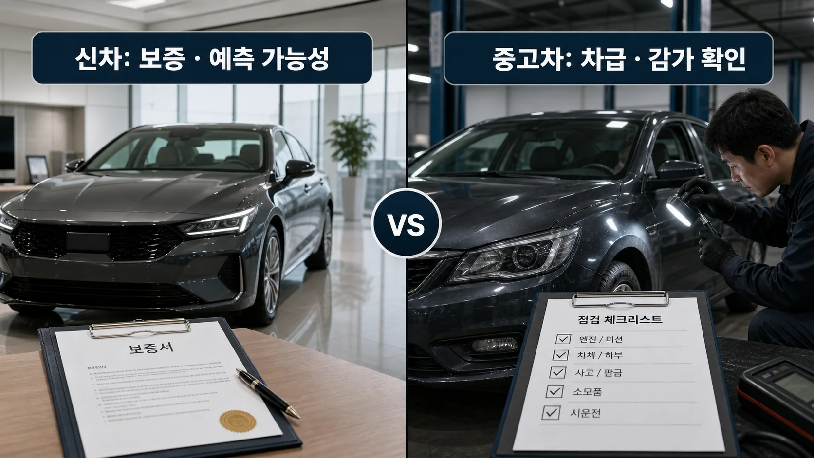 3천만 원대 예산에서 신차와 중고차의 보증 감가 수리 리스크를 비교하는 이미지