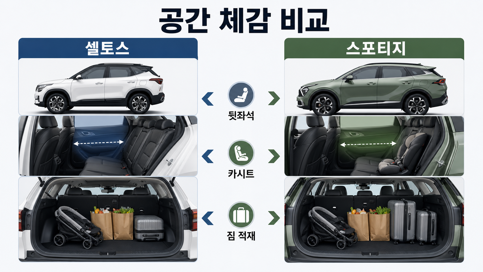 셀토스와 스포티지의 뒷좌석 공간과 트렁크 활용 차이를 비교한 인포그래픽
