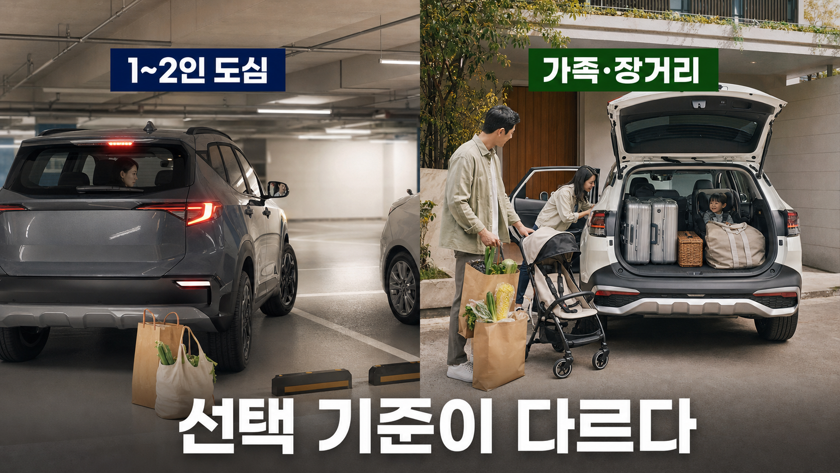 1~2인 출퇴근 사용과 가족 SUV 사용 상황을 나누어 셀토스와 스포티지 선택 기준을 보여주는 이미지