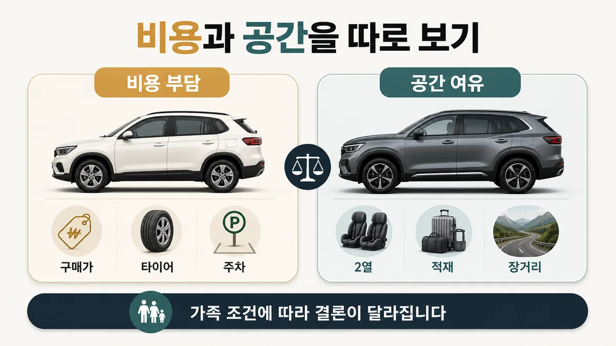 스포티지와 쏘렌토 선택에서 비용 부담과 공간 여유를 비교한 브랜드 비식별 인포그래픽
