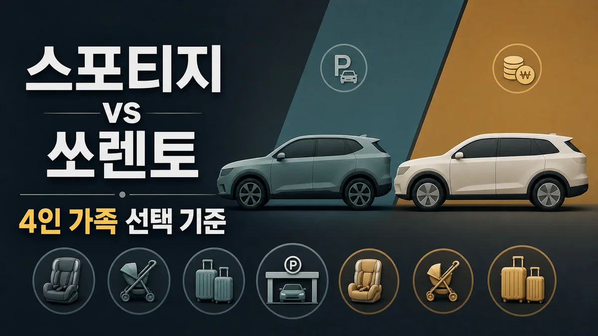 스포티지와 쏘렌토를 4인 가족 선택 기준으로 비교한 브랜드 비식별 썸네일