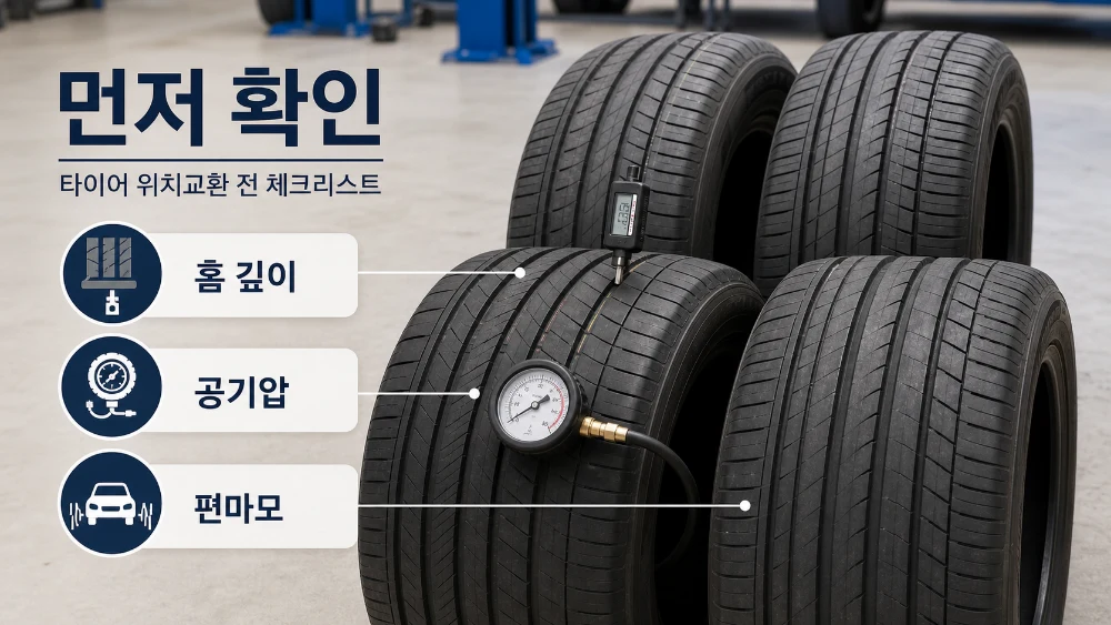 타이어 위치교환 전 홈 깊이 공기압 편마모를 먼저 확인하는 이미지