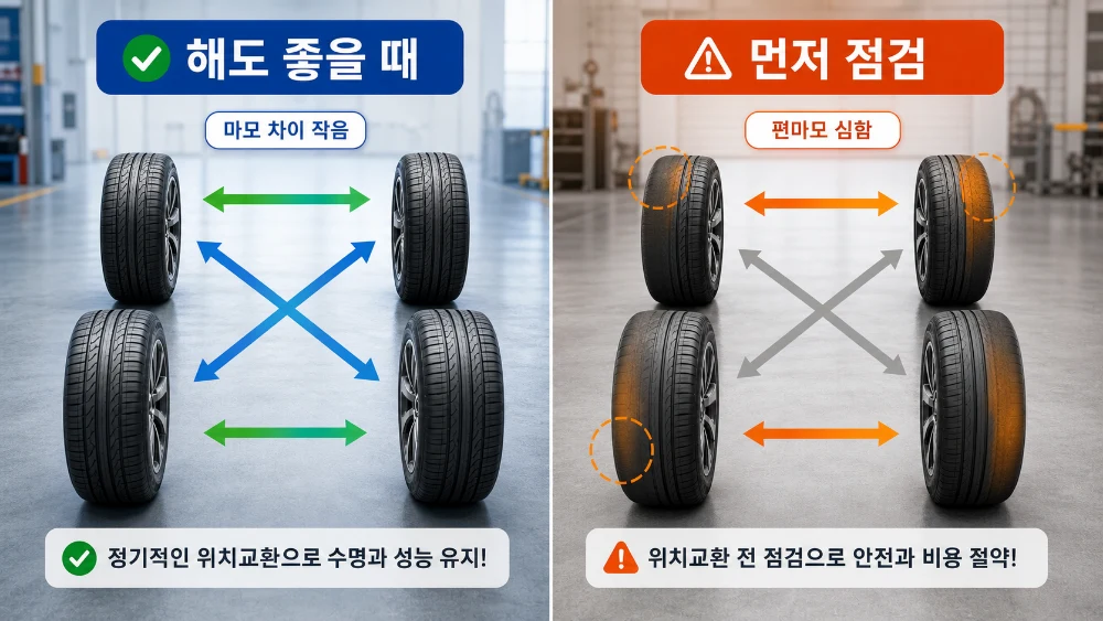 타이어 위치교환을 해도 좋을 때와 먼저 점검해야 할 때를 나눠 보여주는 이미지