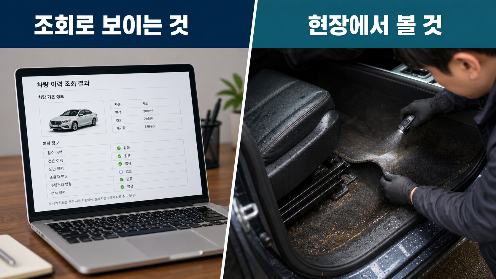 자동차365 침수정보 조회와 현장 침수차 판별 기준을 비교한 이미지