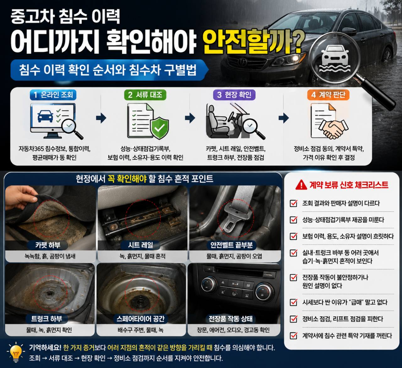 중고차 침수 이력 확인 순서와 현장 점검 포인트를 정리한 인포그래픽