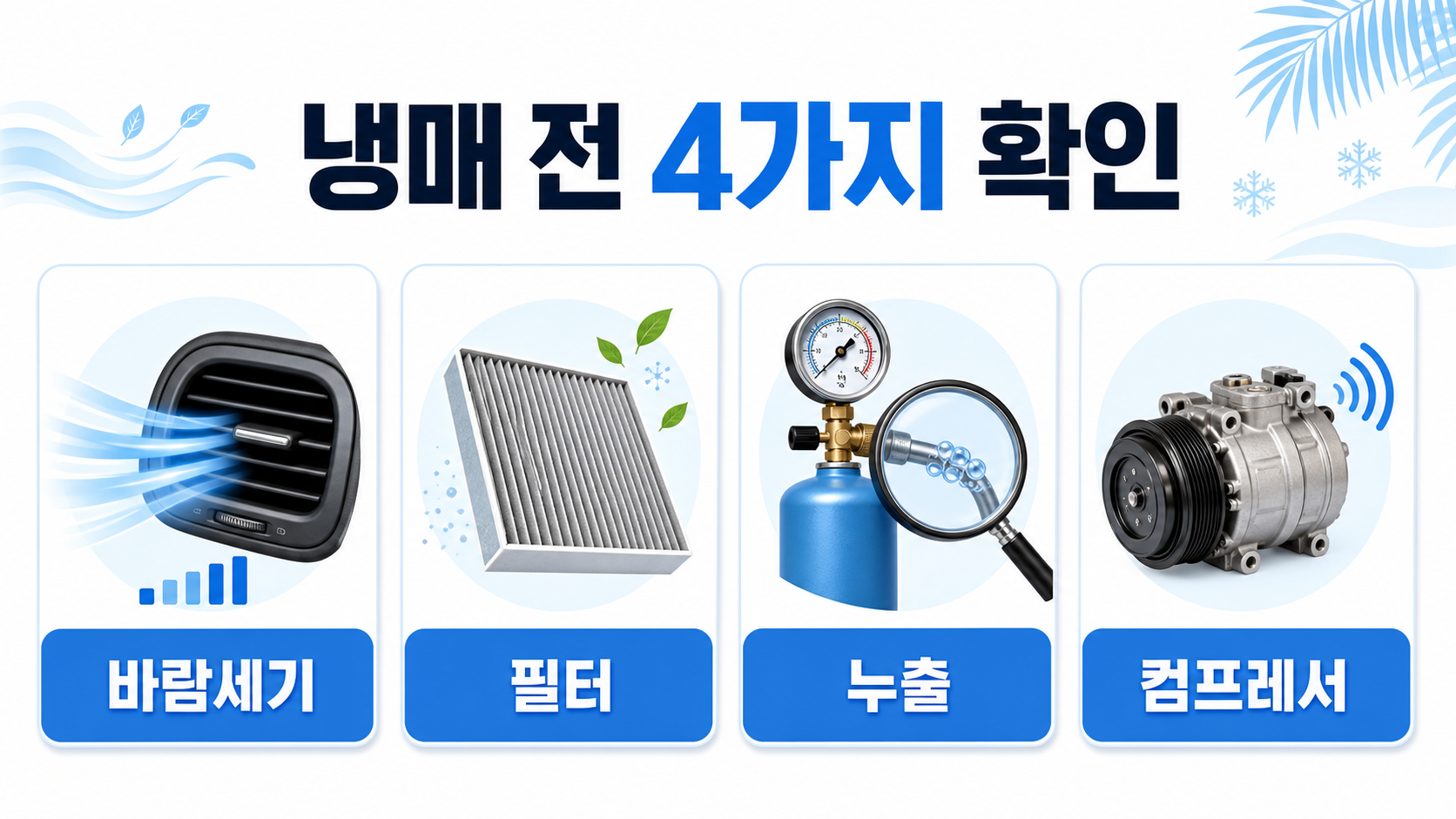 자동차 에어컨 냉매 충전 전 바람세기 필터 누출 컴프레서를 확인하는 순서