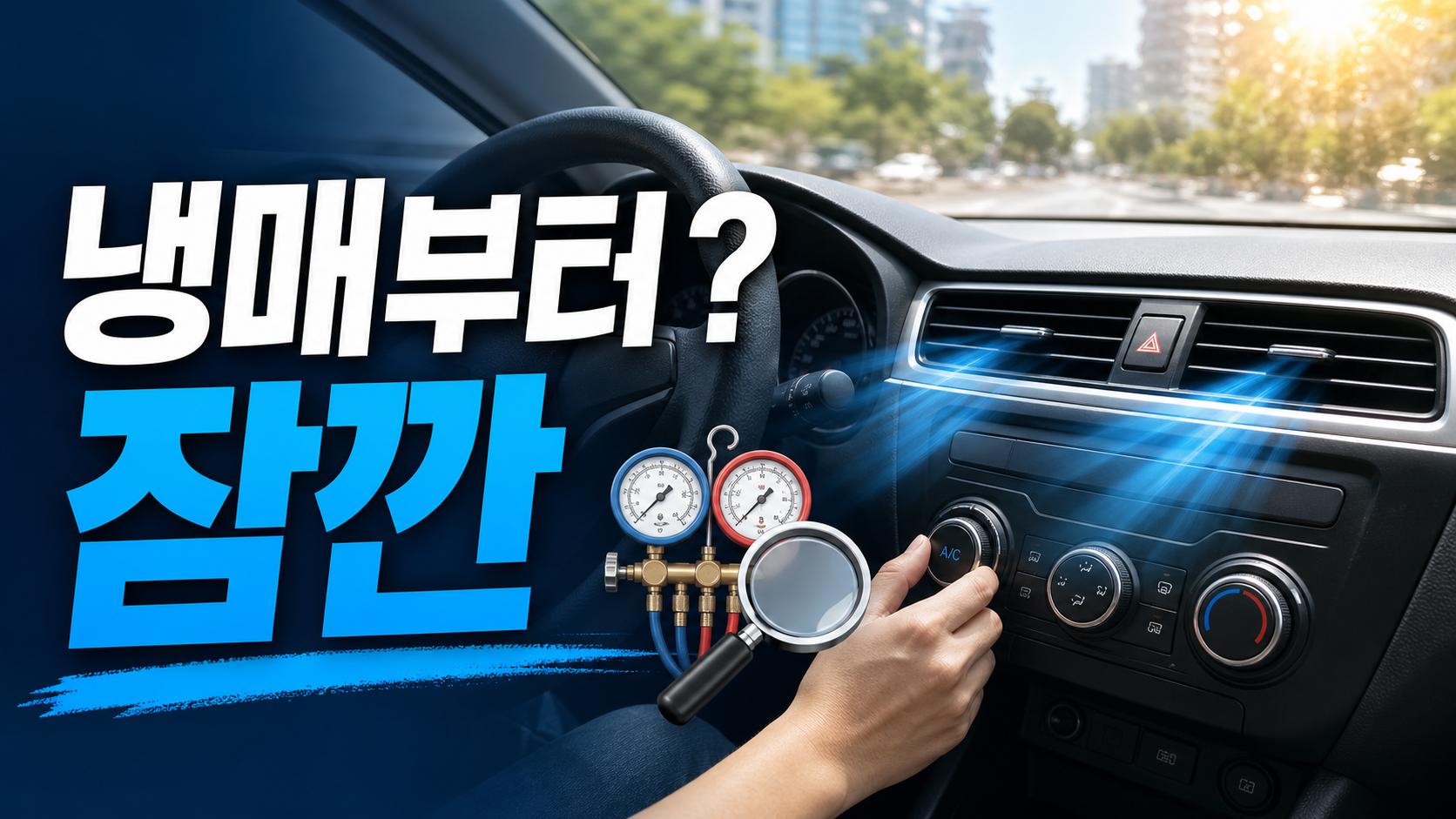 여름철 자동차 에어컨이 안 시원할 때 냉매 충전 전에 원인을 확인해야 한다는 내용을 보여주는 차량 실내 이미지
