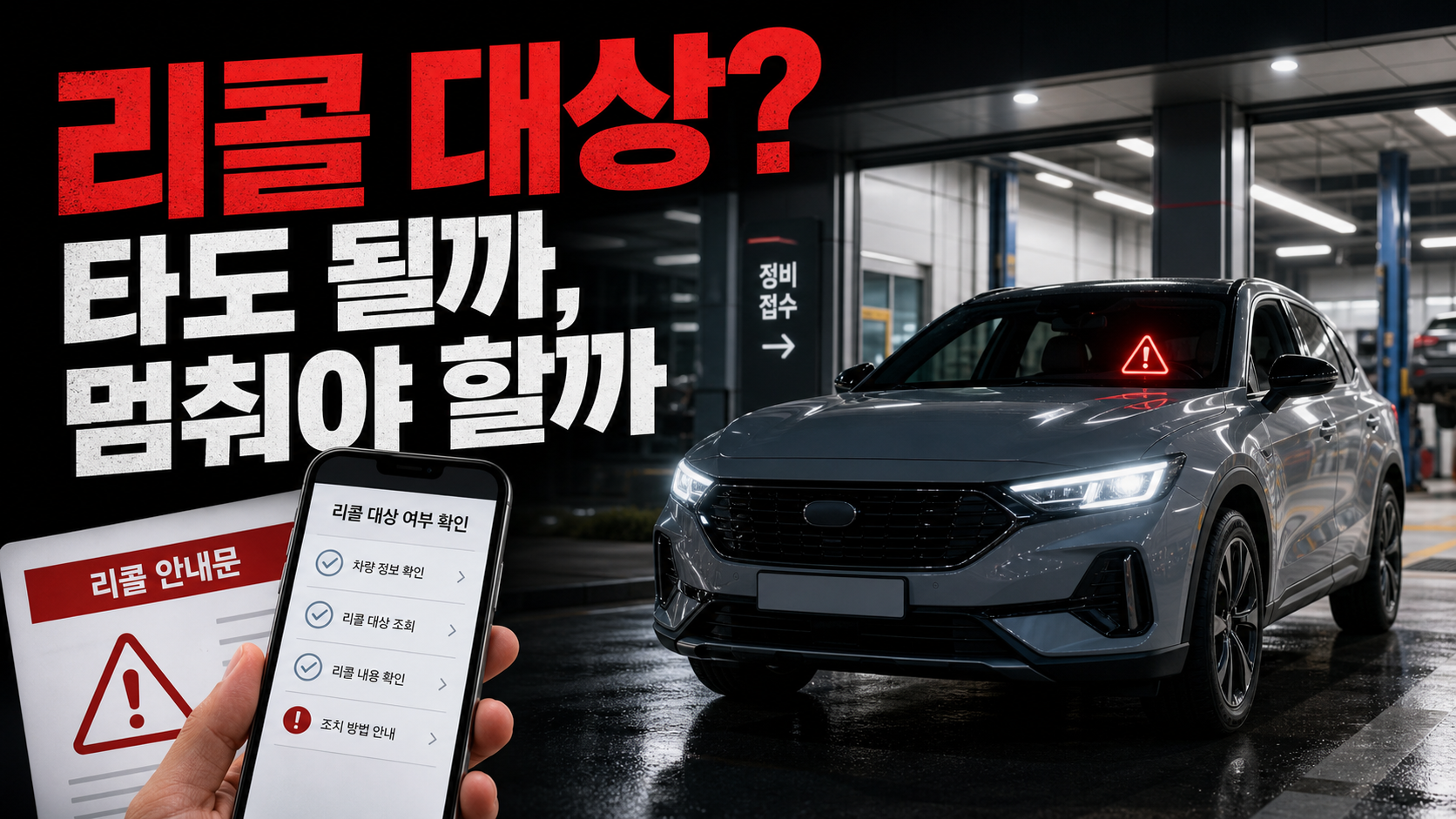 자동차 리콜 대상 여부를 확인하고 계속 운행할지 정비 예약할지 판단하는 썸네일 이미지