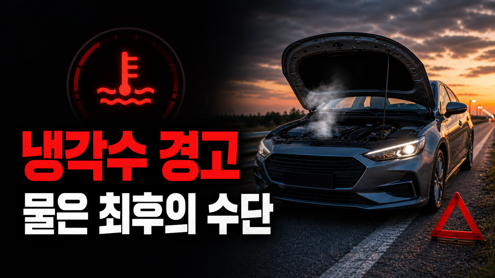 냉각수 경고가 떴을 때 물을 먼저 넣으면 안 되는 이유와 견인 기준을 보여주는 자동차 정비 상황