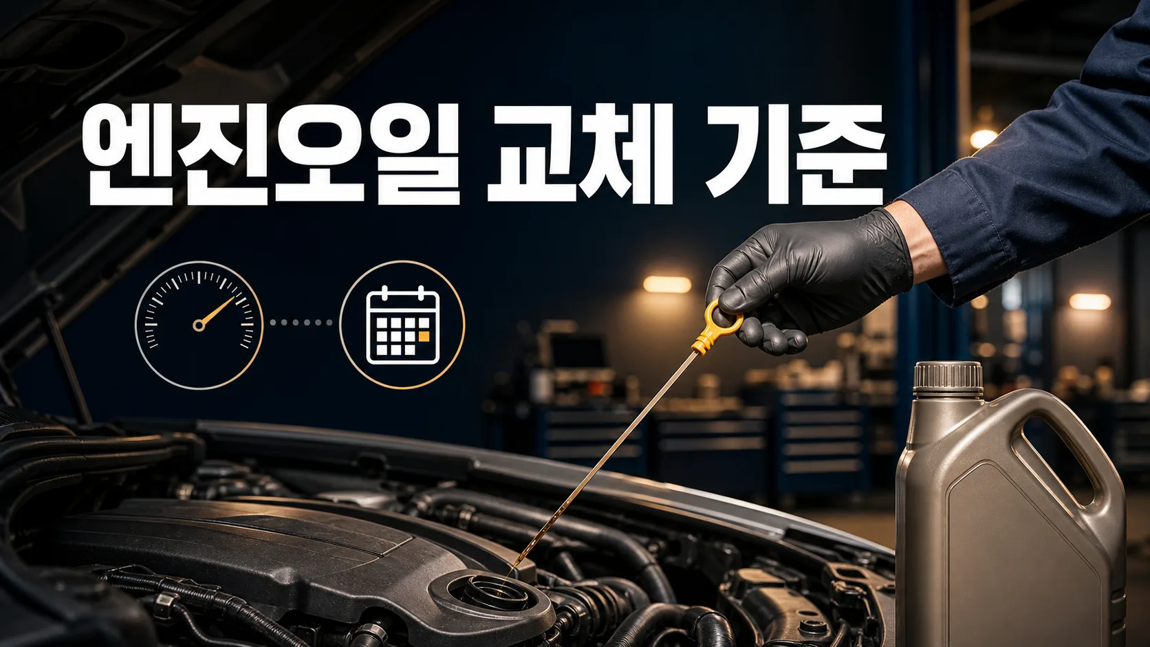 자동차 엔진오일 교체 시점을 주행거리와 기간으로 판단하는 정비 이미지