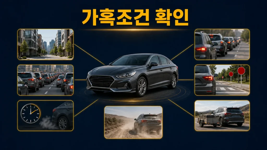 짧은 거리 반복, 정체, 공회전, 잦은 정지와 출발, 먼지길, 견인 등 엔진오일 가혹조건 예시