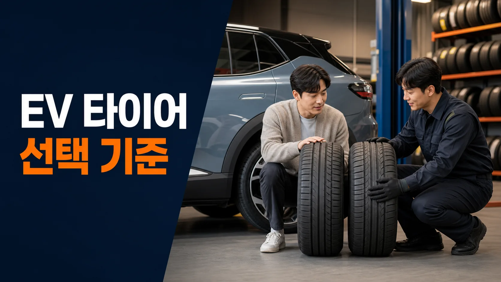 전기차 운전자와 정비사가 교체용 타이어 두 개를 비교하는 EV 타이어 선택 장면