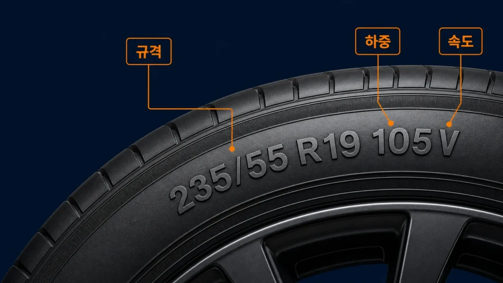 235/55 R19 105V 타이어 옆면에서 규격과 하중지수 및 속도등급을 구분한 이미지