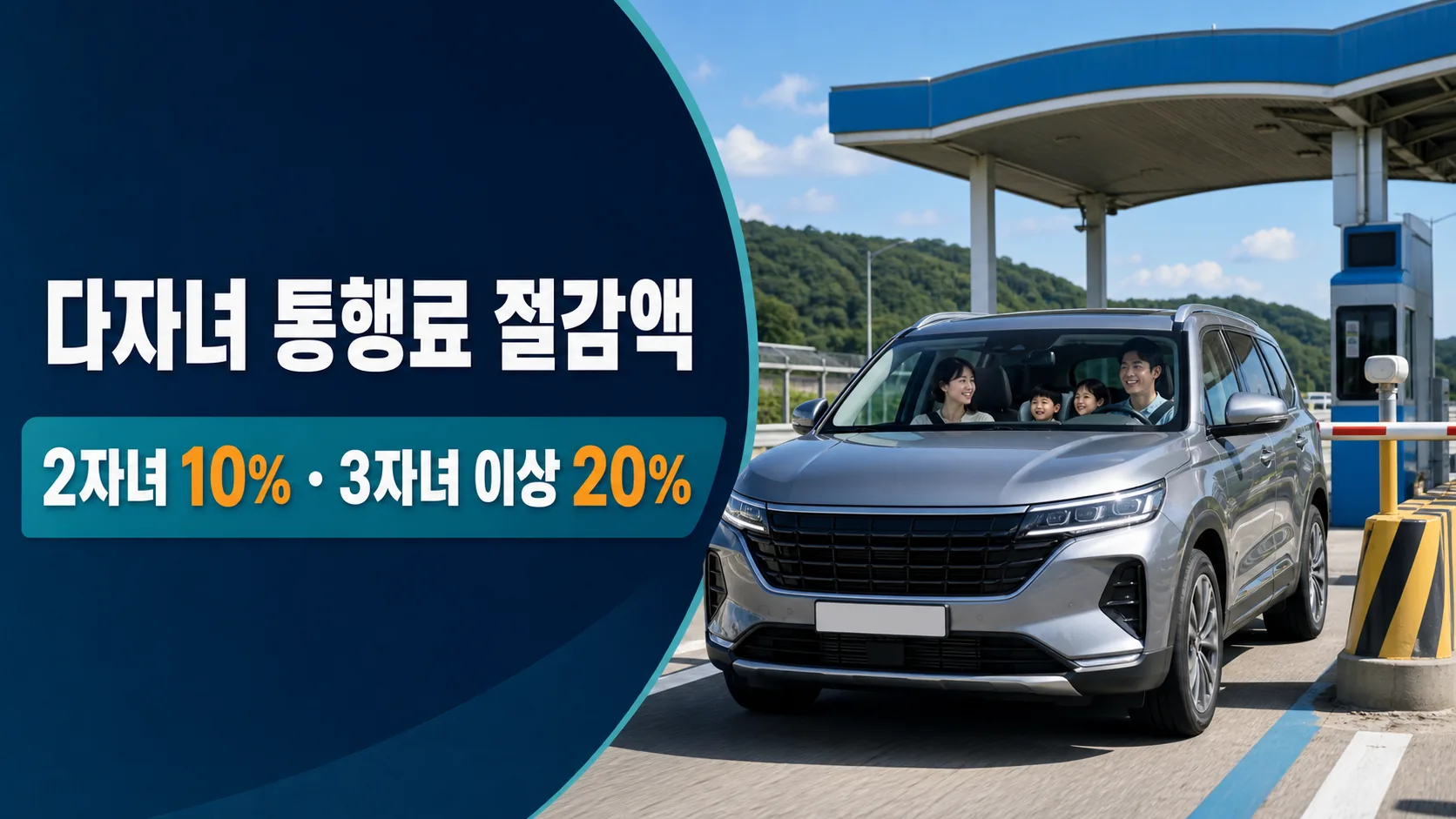 2자녀와 3자녀 이상 가구의 주말 고속도로 통행료 할인율과 절감액을 비교하는 이미지