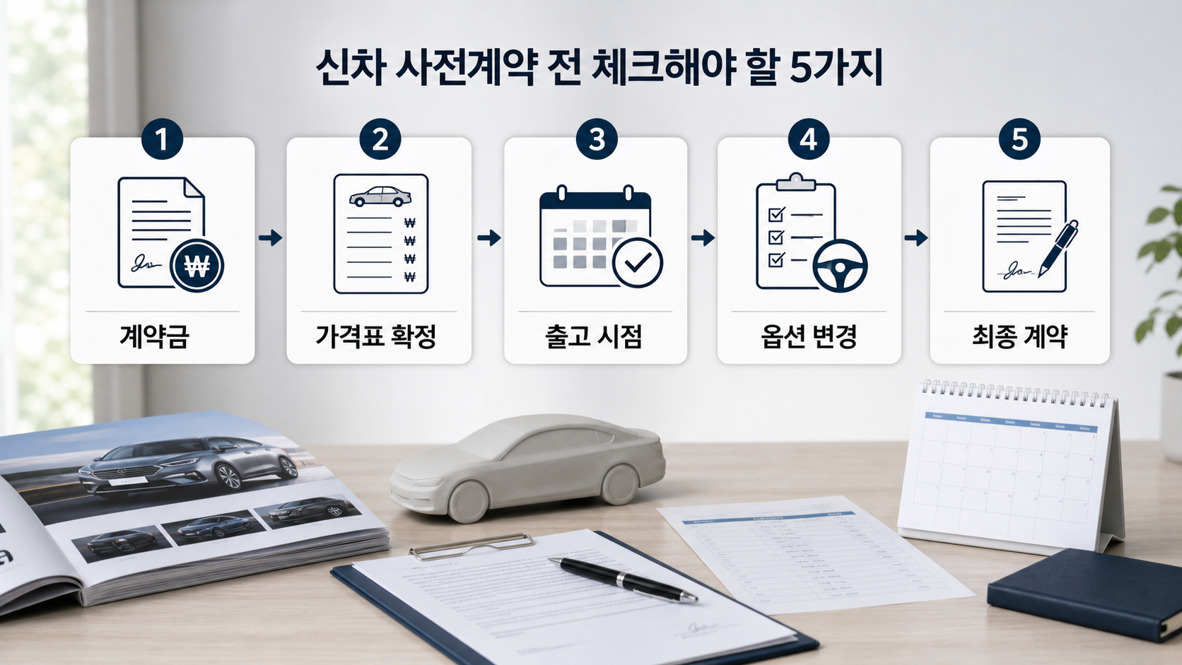 신차 사전계약 전 계약금, 가격표 확정, 출고 시점, 옵션 변경, 최종 계약 순서로 확인하는 흐름
