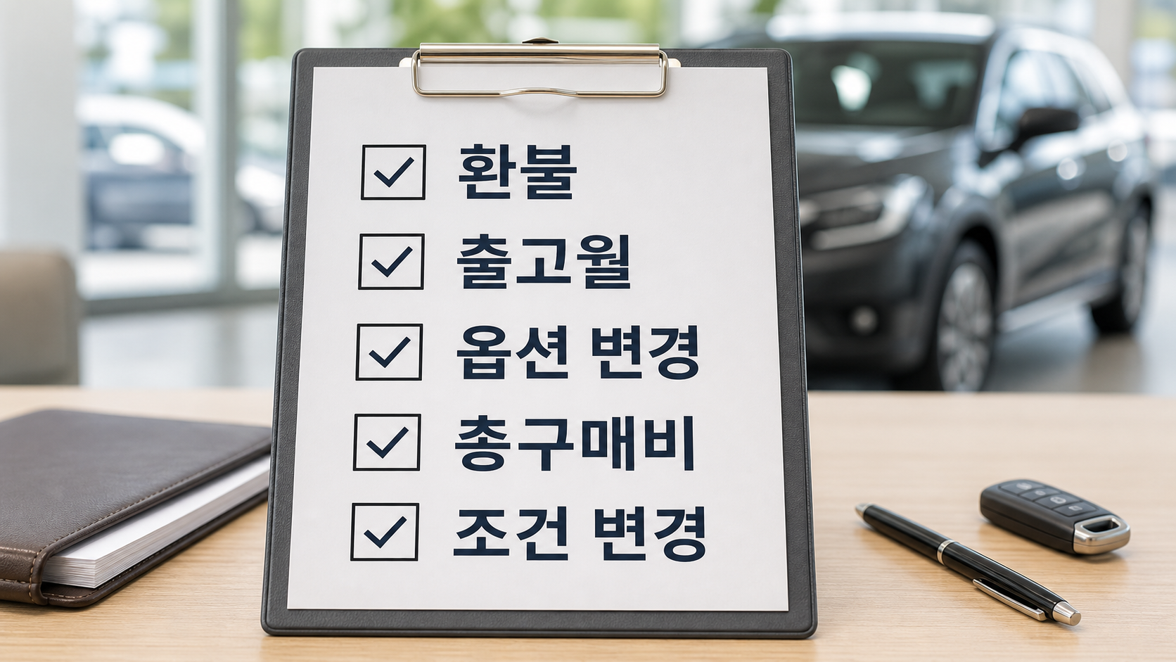 신차 사전계약 전 딜러에게 환불, 출고월, 옵션 변경, 총구매비, 조건 변경을 물어보는 체크리스트