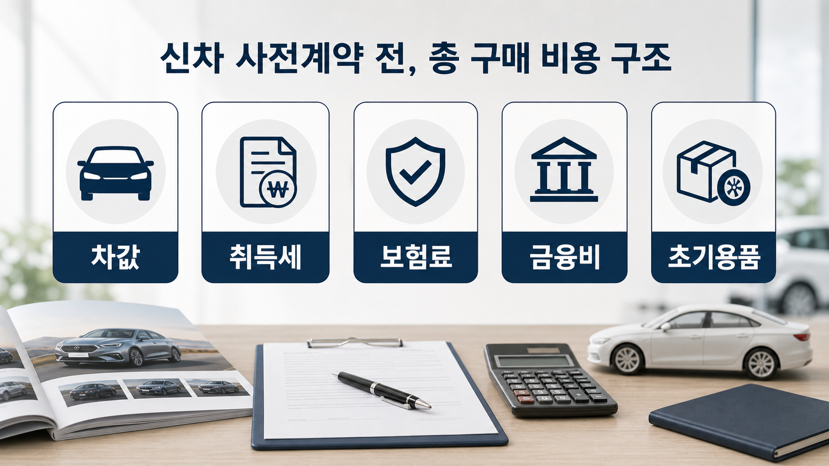 신차 사전계약 전 차값 외 취득세, 보험료, 금융비, 초기용품까지 총구매비를 확인해야 한다는 설명 이미지
