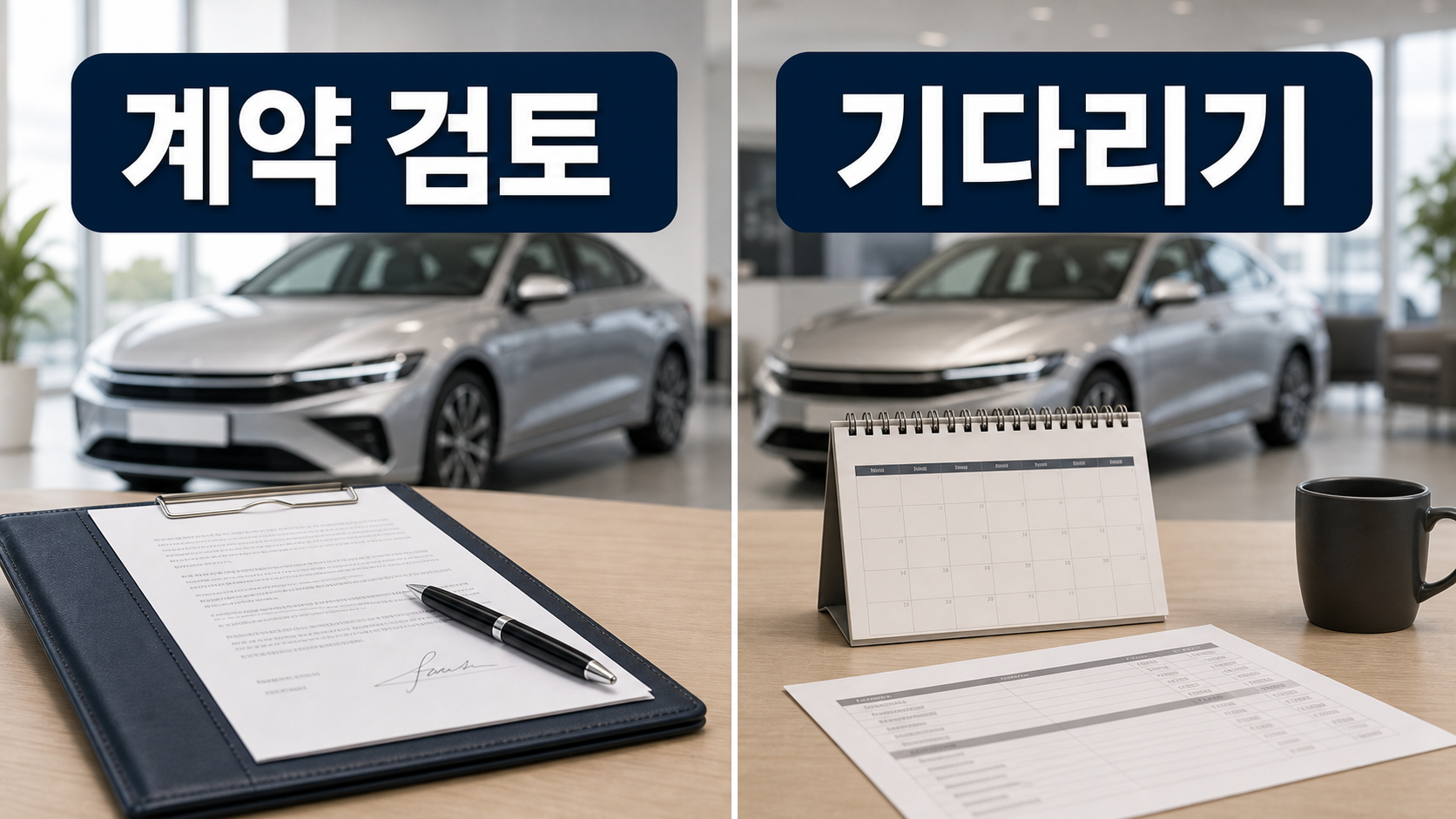 신차 사전계약을 검토해도 되는 경우와 가격표 확정 후 기다려야 하는 경우를 비교하는 이미지