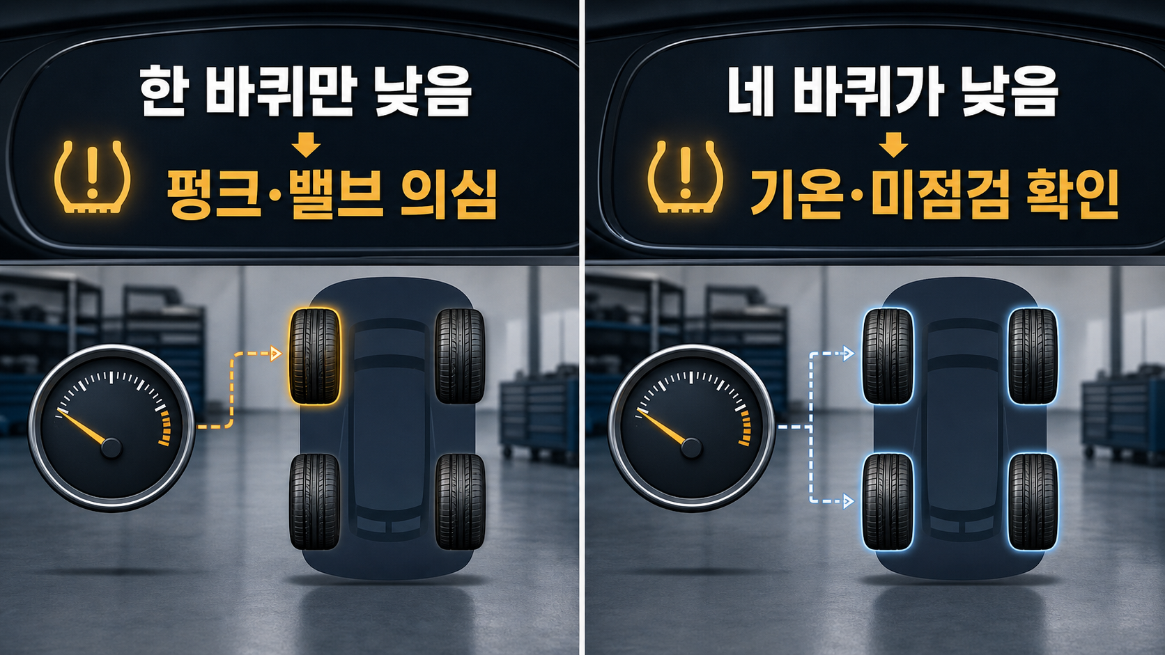 타이어 공기압 경고등이 켜졌을 때 한 바퀴만 낮은 경우와 네 바퀴가 낮은 경우를 나누는 기준
