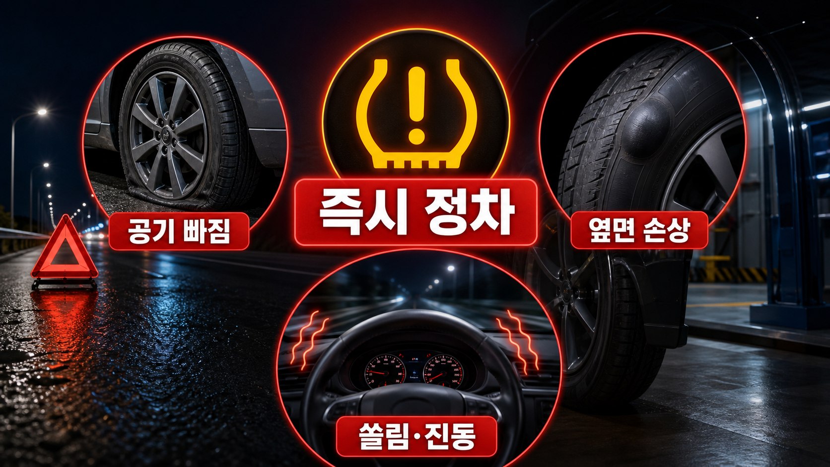 타이어 공기압 경고등과 함께 쏠림, 진동, 옆면 손상, 공기 빠짐이 있을 때 즉시 정차해야 하는 조건