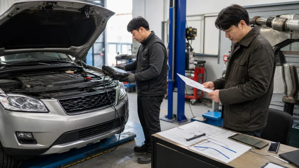 중고 디젤 SUV 계약 전 진단기 점검과 정비 서류를 함께 확인하는 구매자