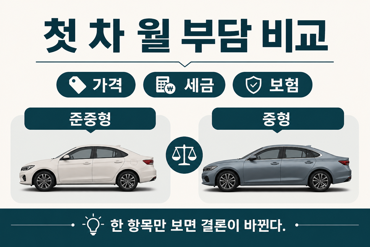 첫 차 월 부담을 가격, 세금, 보험으로 나눠 준중형과 중형을 비교하라는 안내 그림