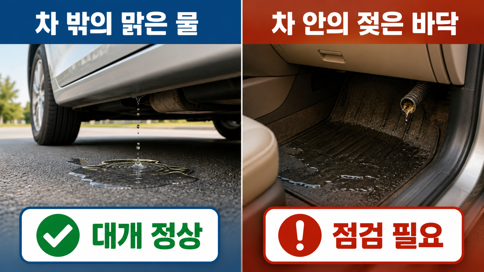 차량 하부로 떨어지는 정상 에어컨 응축수와 점검이 필요한 조수석 실내 물 고임 비교