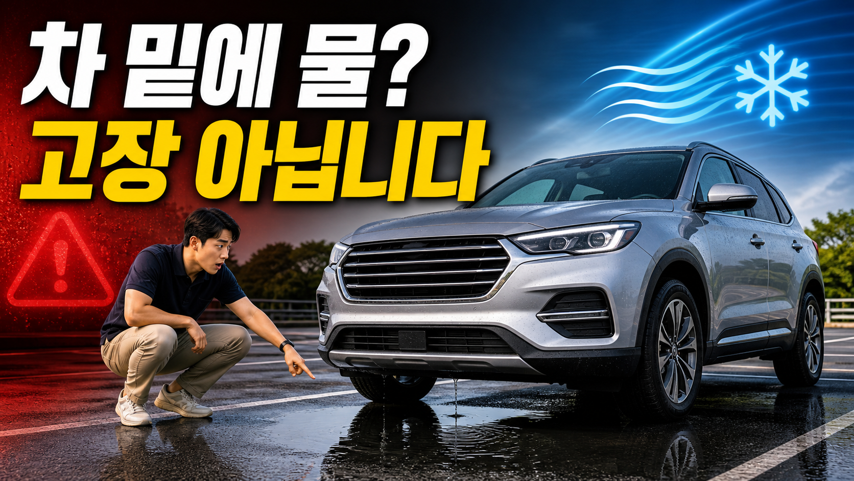 여름철 에어컨 사용 후 SUV 조수석 아래 맑은 물웅덩이를 확인하는 운전자와 차 밑에 물 고장 아닙니다 문구