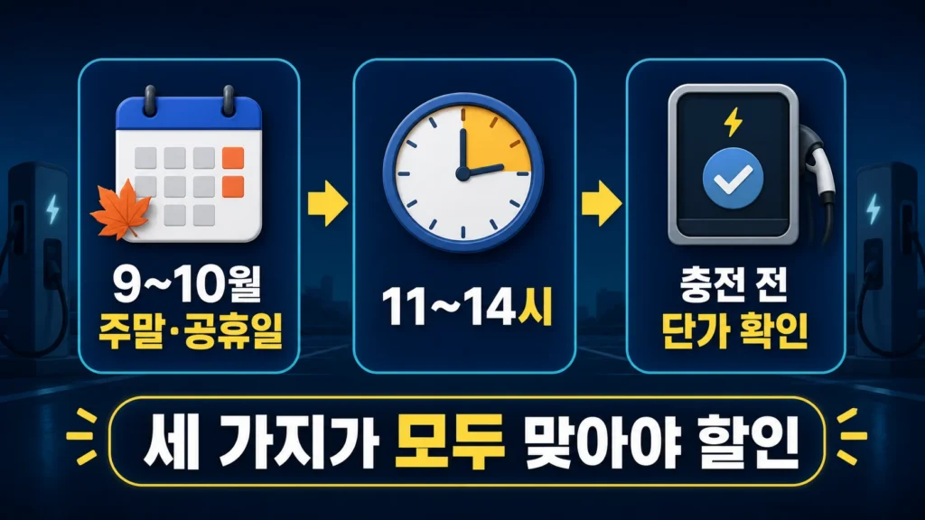 9월과 10월 주말·공휴일, 11시부터 14시, 충전 전 단가 확인의 세 조건을 보여주는 안내 이미지