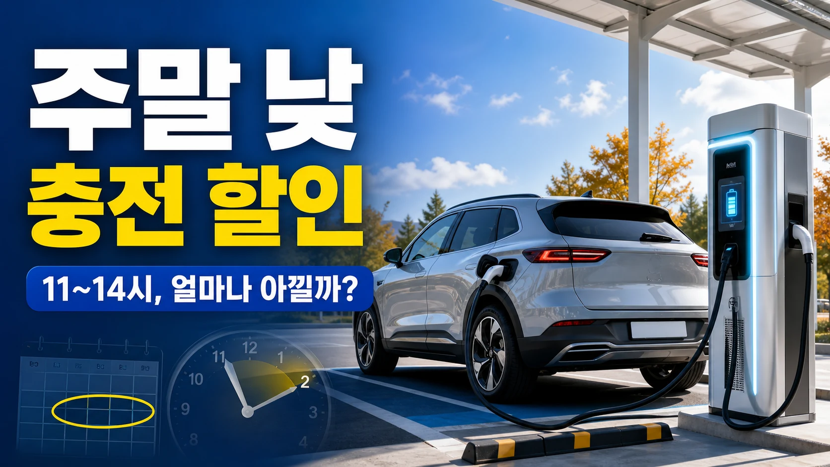 가을 낮 공공충전소에서 전기 SUV를 충전하며 주말 11시부터 14시까지 할인 여부를 확인하는 장면