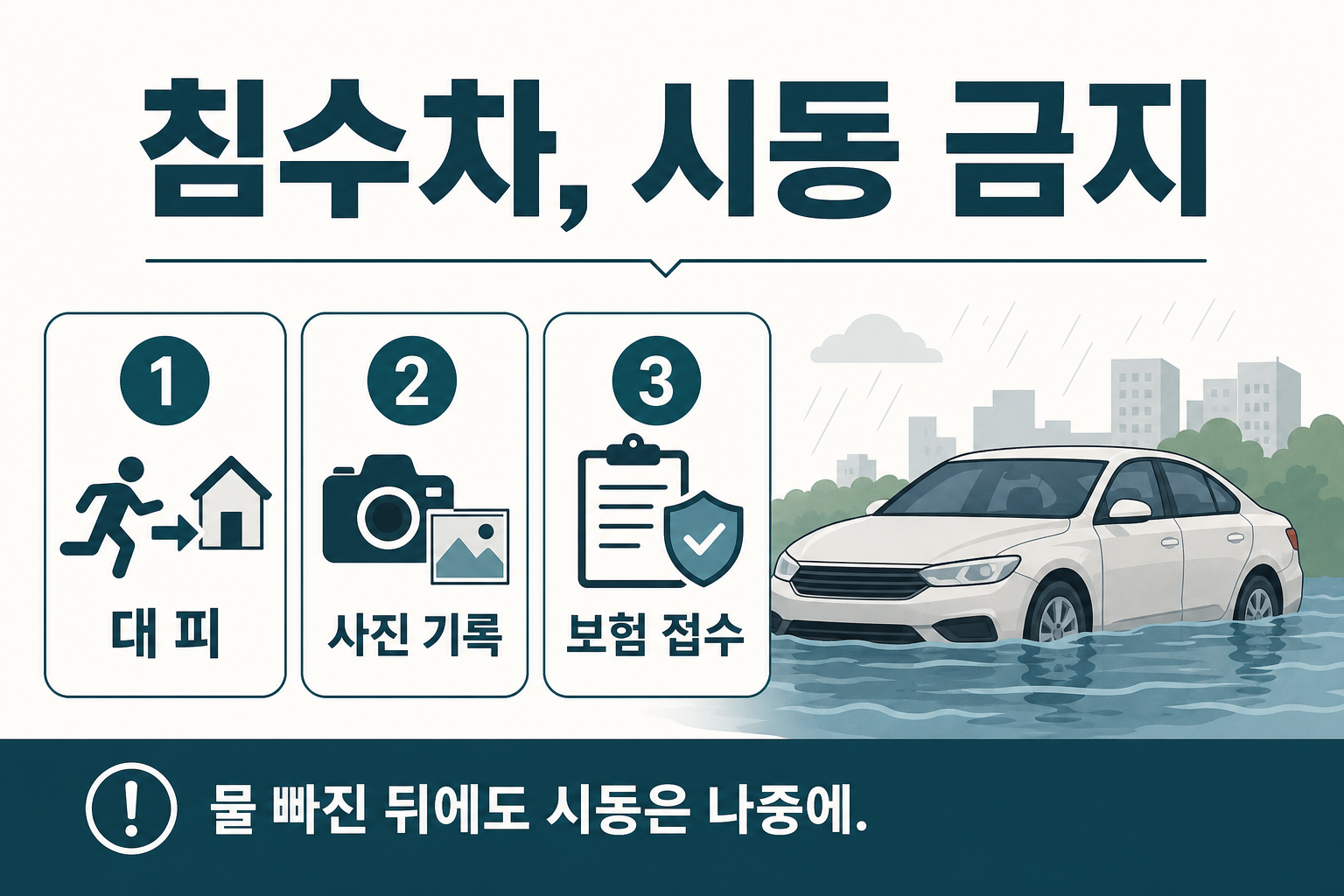 침수차에는 시동을 걸지 말고 대피, 사진 기록, 보험 접수 순서로 움직이라는 안내 그림