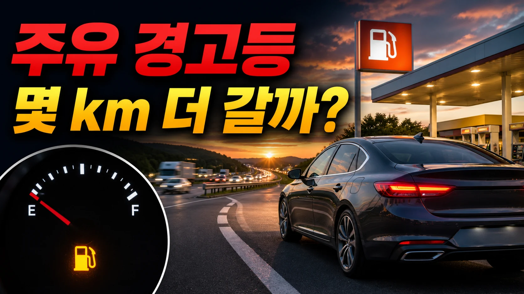 주유 경고등이 켜진 계기판과 고속도로 주유소로 이동하는 차량을 보여주는 대표 이미지