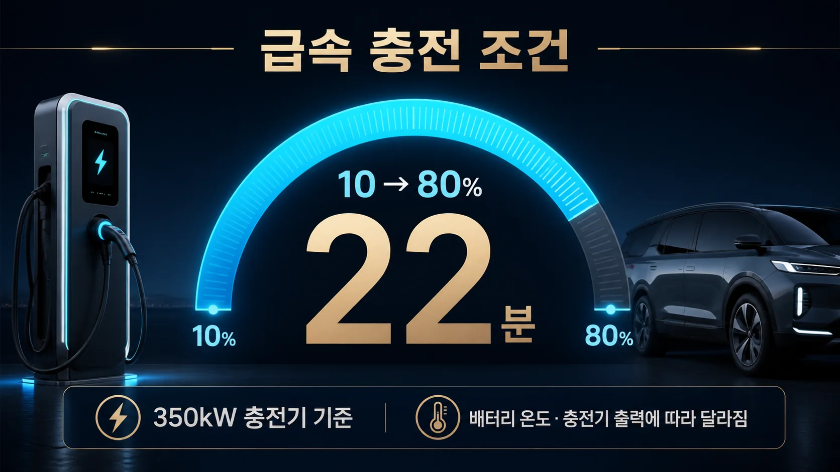 350kW 충전기에서 배터리 10%에서 80%까지 22분이라는 GV90 급속 충전 조건을 보여주는 인포그래픽