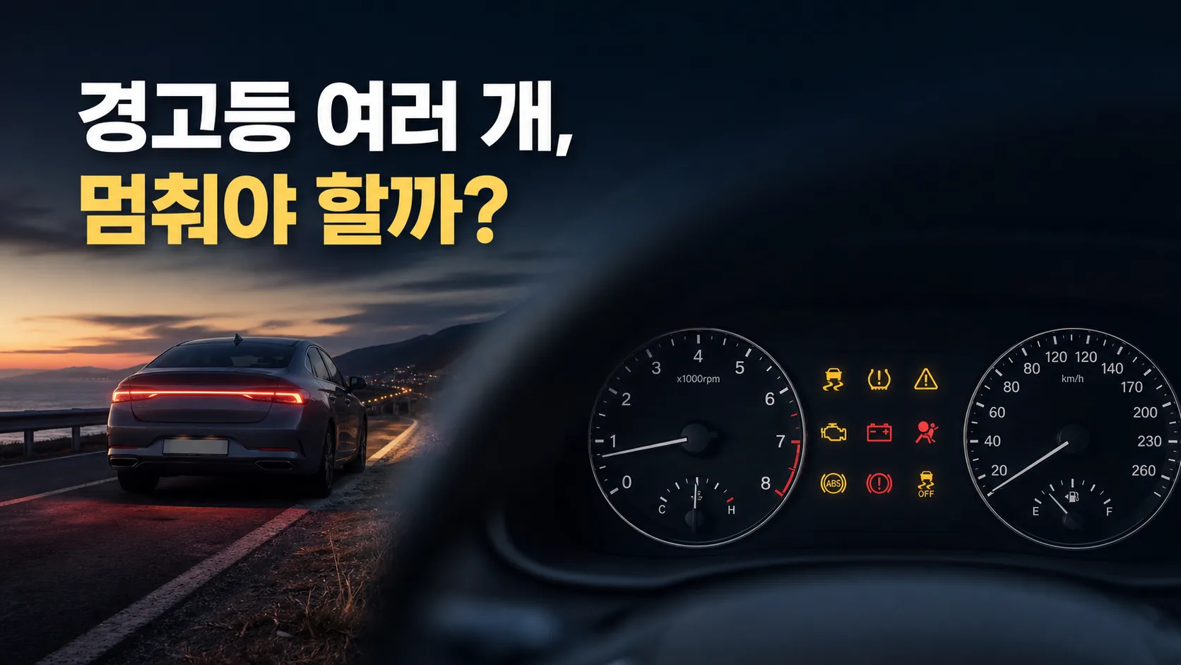 도로 가장자리에 안전하게 정차한 자동차와 여러 경고등이 동시에 켜진 계기판