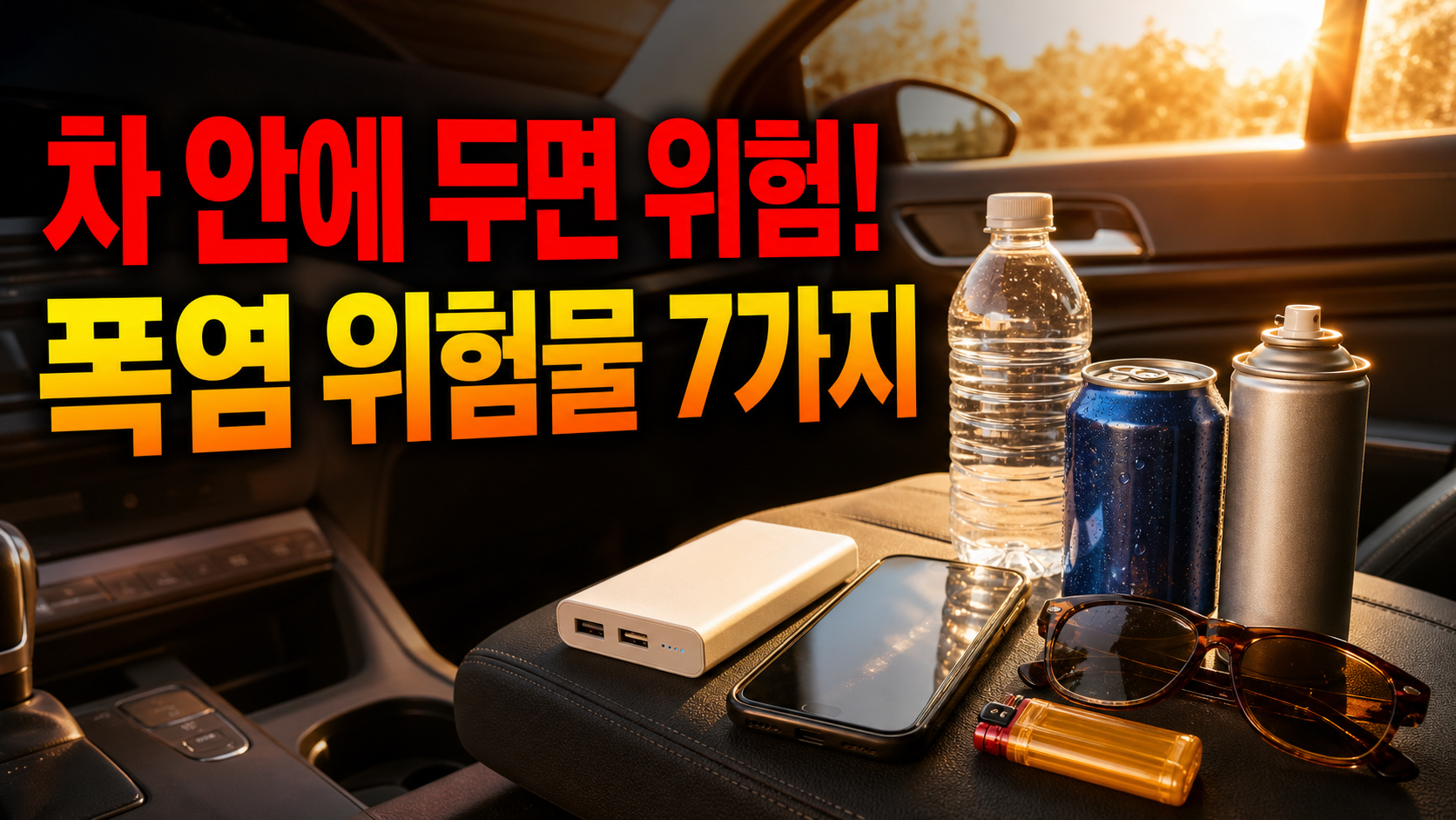 폭염에 자동차 안에 두면 위험한 보조배터리와 휴대전화, 라이터, 스프레이 캔, 음료 캔, 페트병, 선글라스