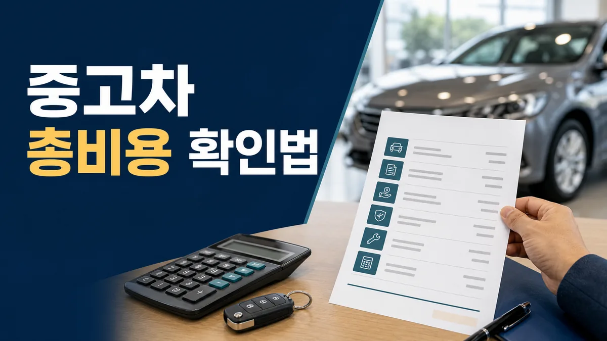 중고차 전시장 계약서와 계산기, 자동차 열쇠 옆에 중고차 총비용 확인법 문구가 있는 대표 이미지