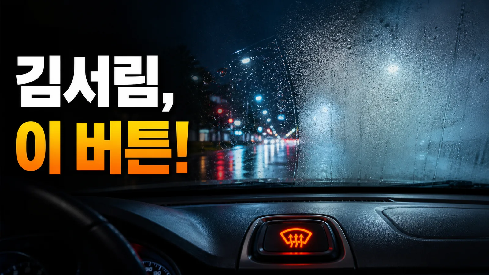 비 오는 밤 자동차 앞유리에 낀 김서림과 선명하게 빛나는 앞유리 서리 제거 버튼, 김서림 이 버튼 문구