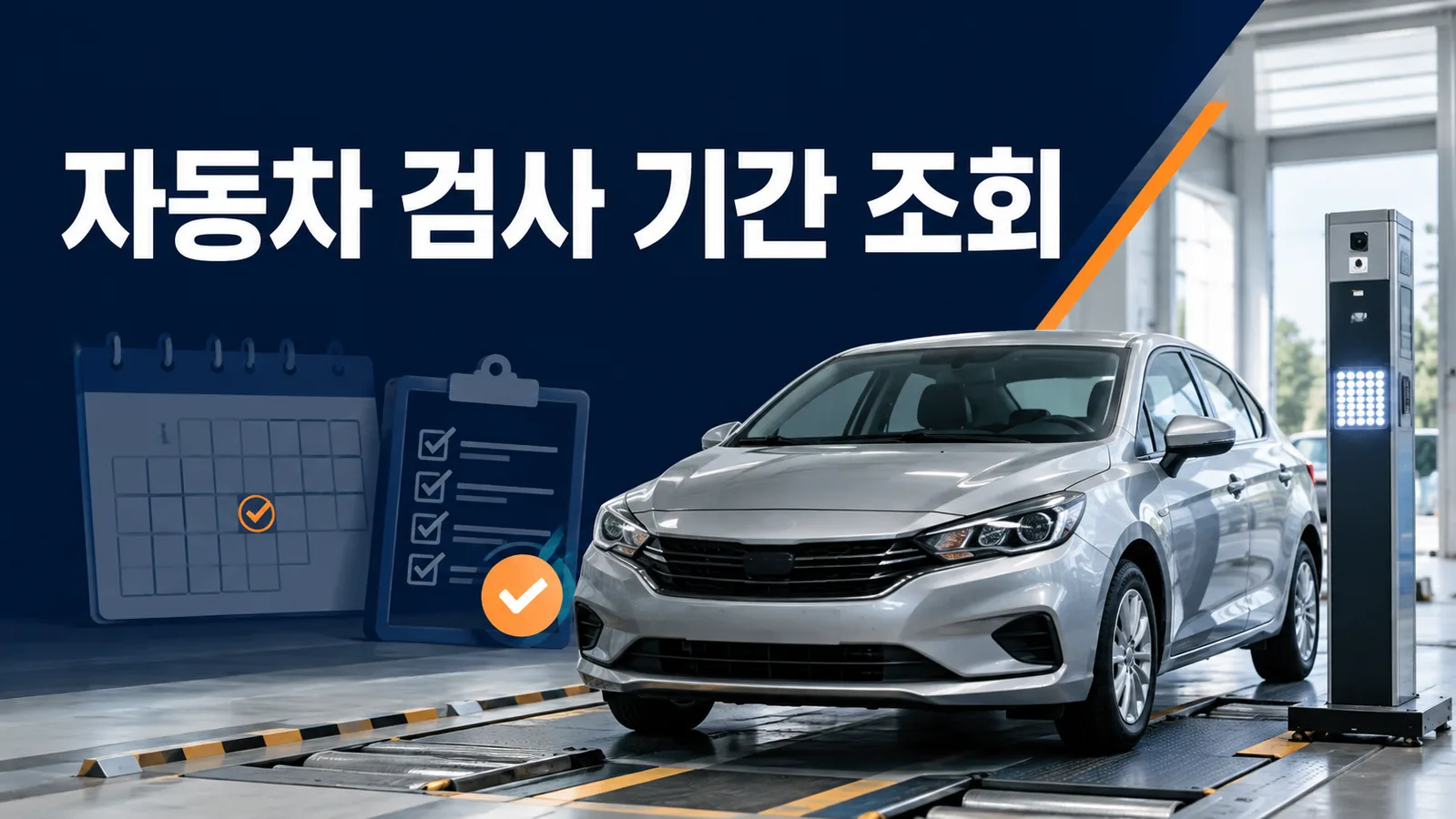 자동차 검사소의 승용차와 달력 체크 표시로 검사 기간 조회를 안내하는 대표 이미지