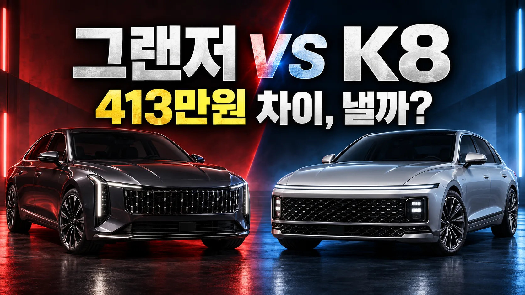 더 뉴 그랜저와 K8 하이브리드를 좌우로 배치하고 413만원 가격 차이를 묻는 비교 썸네일