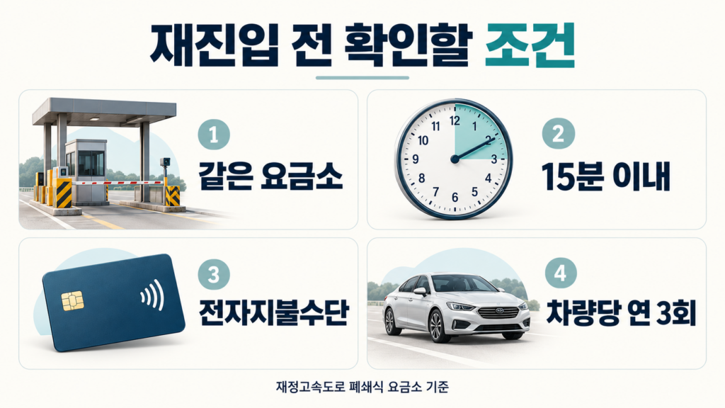 같은 요금소, 15분 이내, 전자지불수단, 차량당 연 3회를 확인하는 재진입 감면 조건 그림