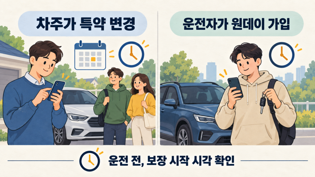 가족차를 빌려 운전하기 전 단기운전자 특약과 원데이 자동차보험의 보장 개시 시각을 확인하는 안내 이미지