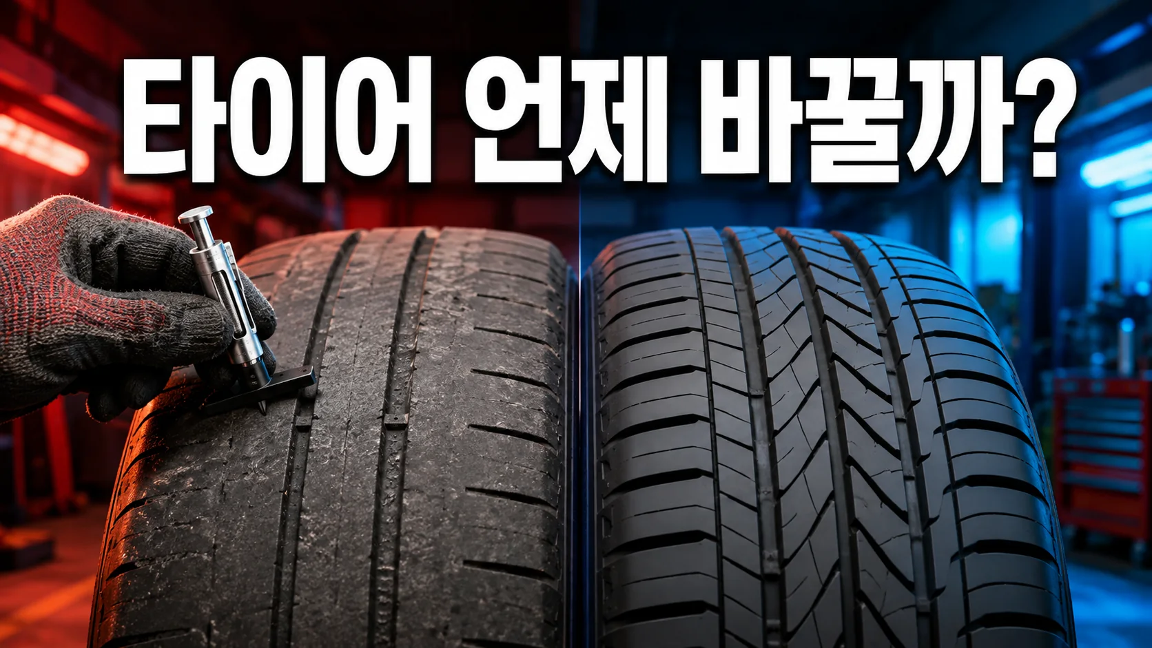 마모된 타이어와 새 타이어를 비교하며 트레드 깊이를 측정하는 모습과 타이어 언제 바꿀까 문구