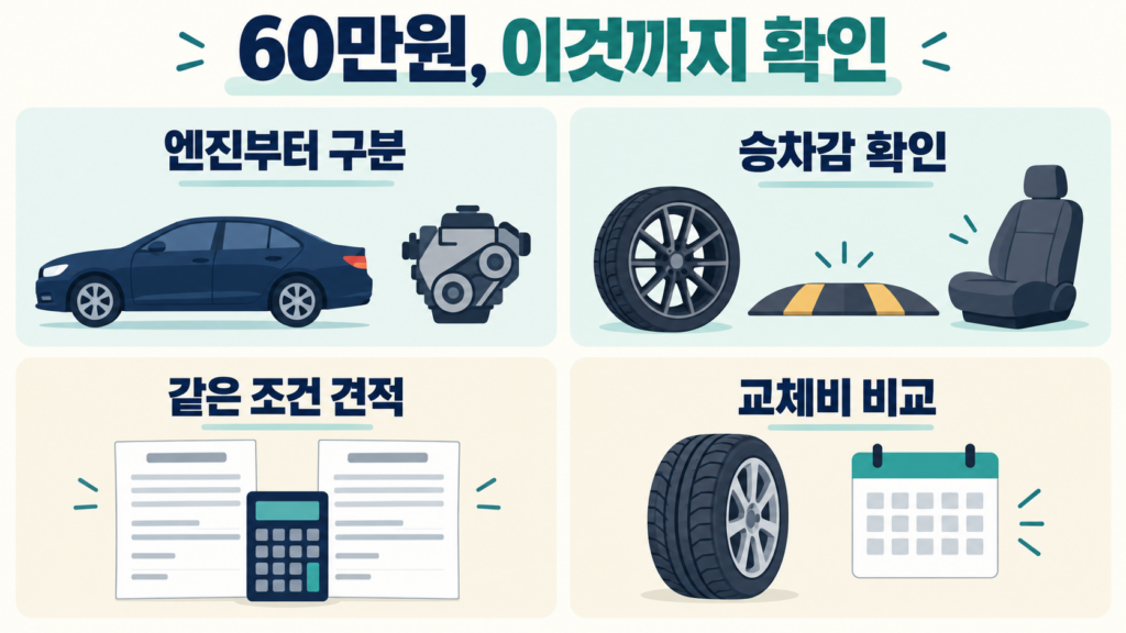 디자인 트림 선택 전에 엔진 구분, 승차감, 같은 조건의 견적, 타이어 교체비를 확인하는 네 칸 안내 그림