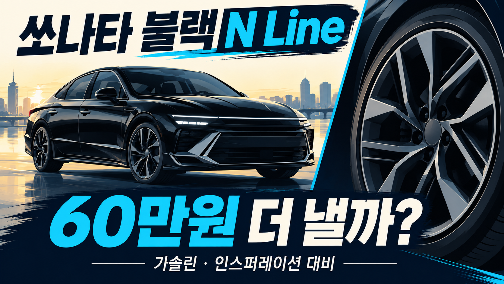검은 세단과 휠로 쏘나타 블랙 N Line의 디자인 선택과 추가 비용을 비교하는 개념 그림