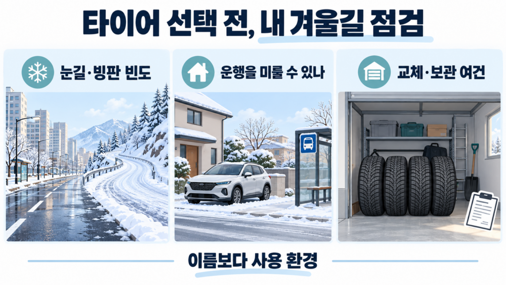 눈길과 빙판 빈도, 운행을 미룰 수 있는지, 교체와 보관 여건을 확인하는 세 가지 선택 질문