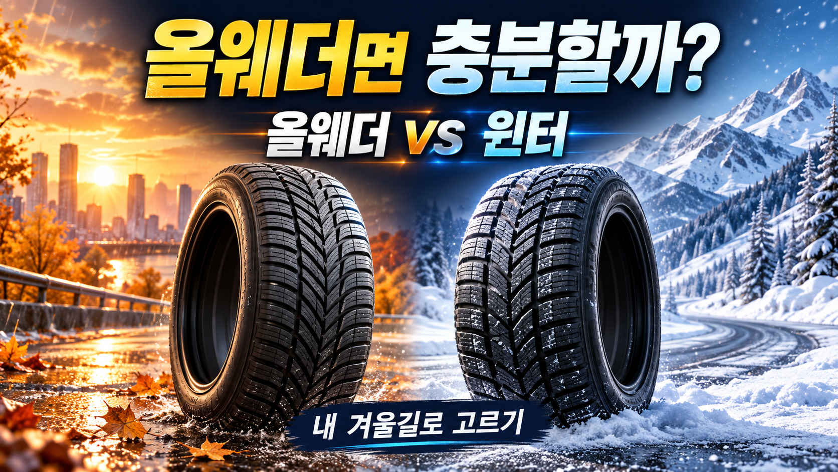 도심의 비와 산간의 눈을 배경으로 올웨더와 윈터 타이어 선택을 비교한 개념 이미지